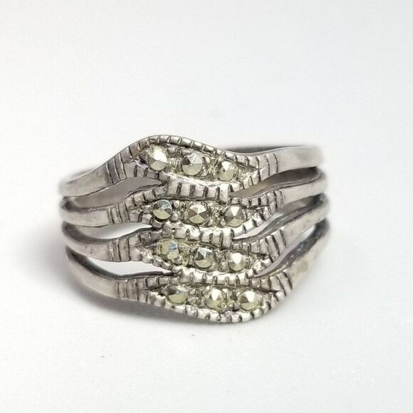 Vintage Sterling Silver Marcasite Wide Ring, Size 6 Band, Tarnished, Signed - Picture 1 of 10